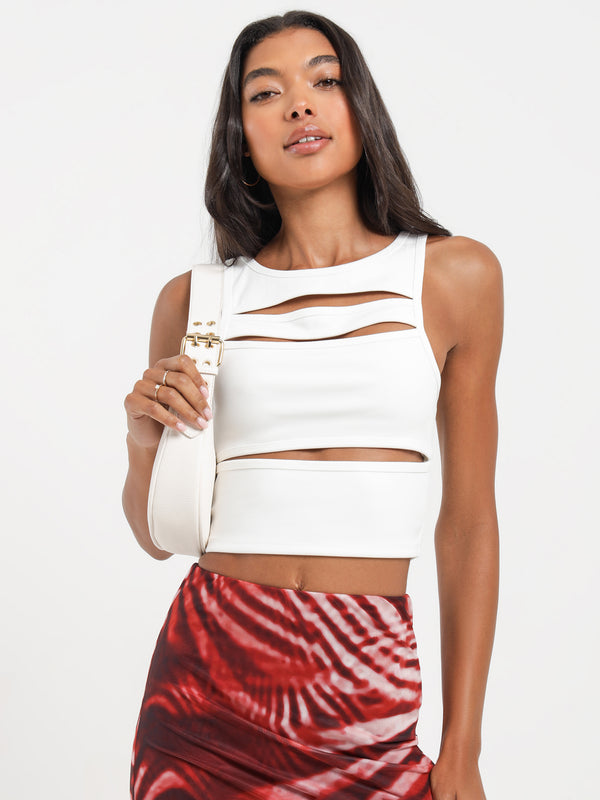 White Ribbed Cut Out Crop Top