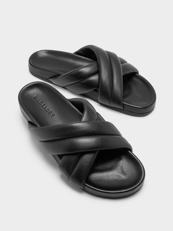 Womens Crossover Leather Slides in Black Glue Store