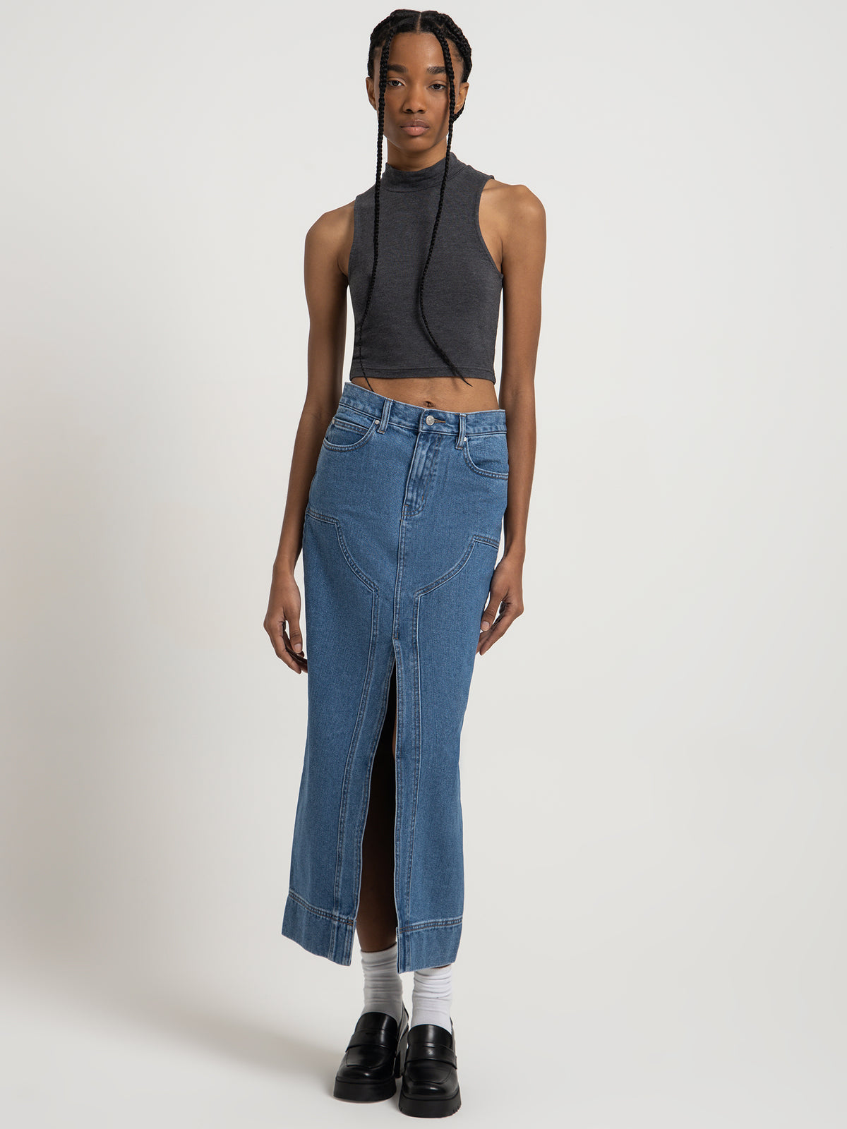 Beyond Her Ambroise High Neck Crop Top in Charcoal Marle | Charcoal Marle