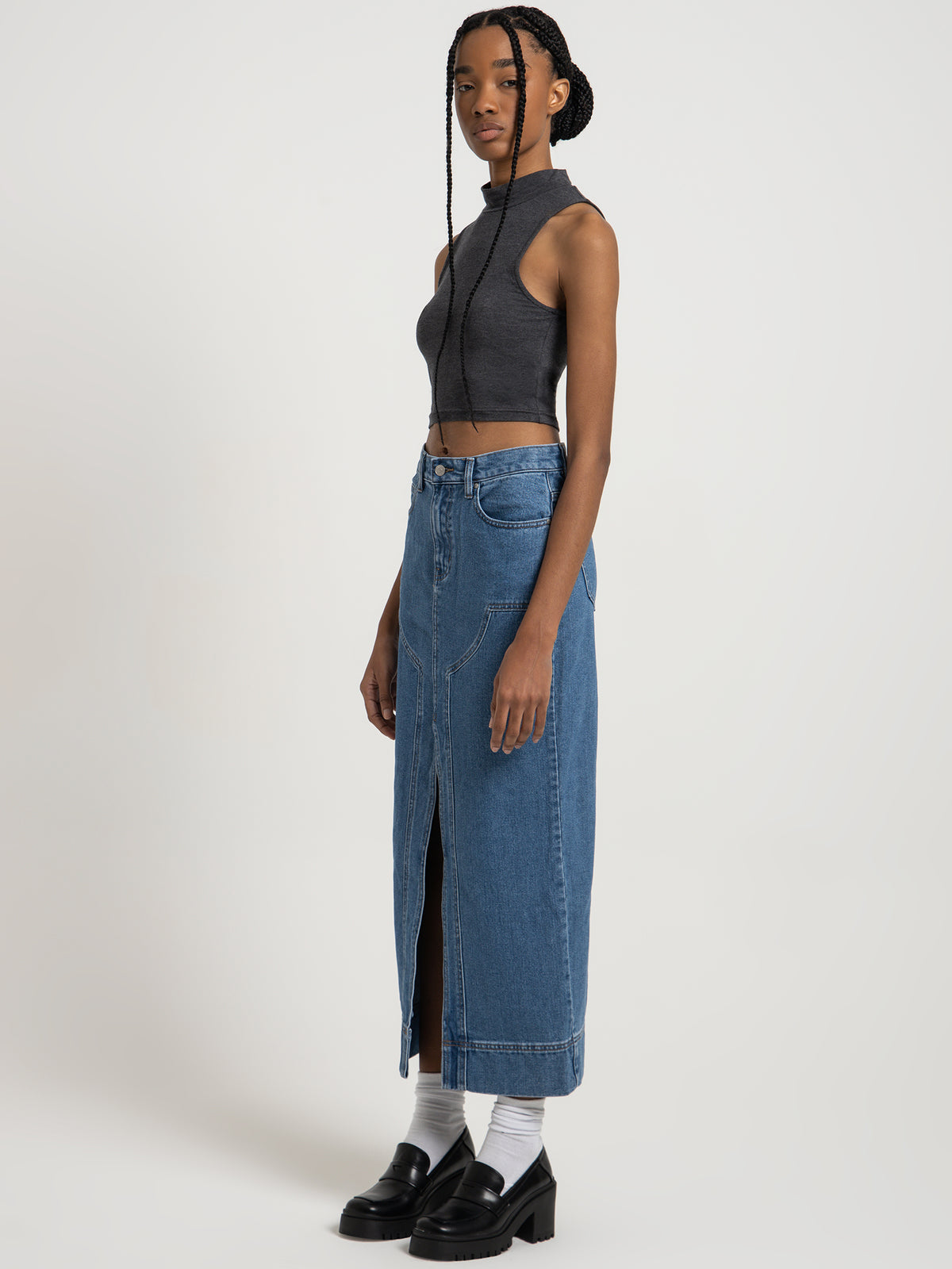 Beyond Her Ambroise High Neck Crop Top in Charcoal Marle | Charcoal Marle