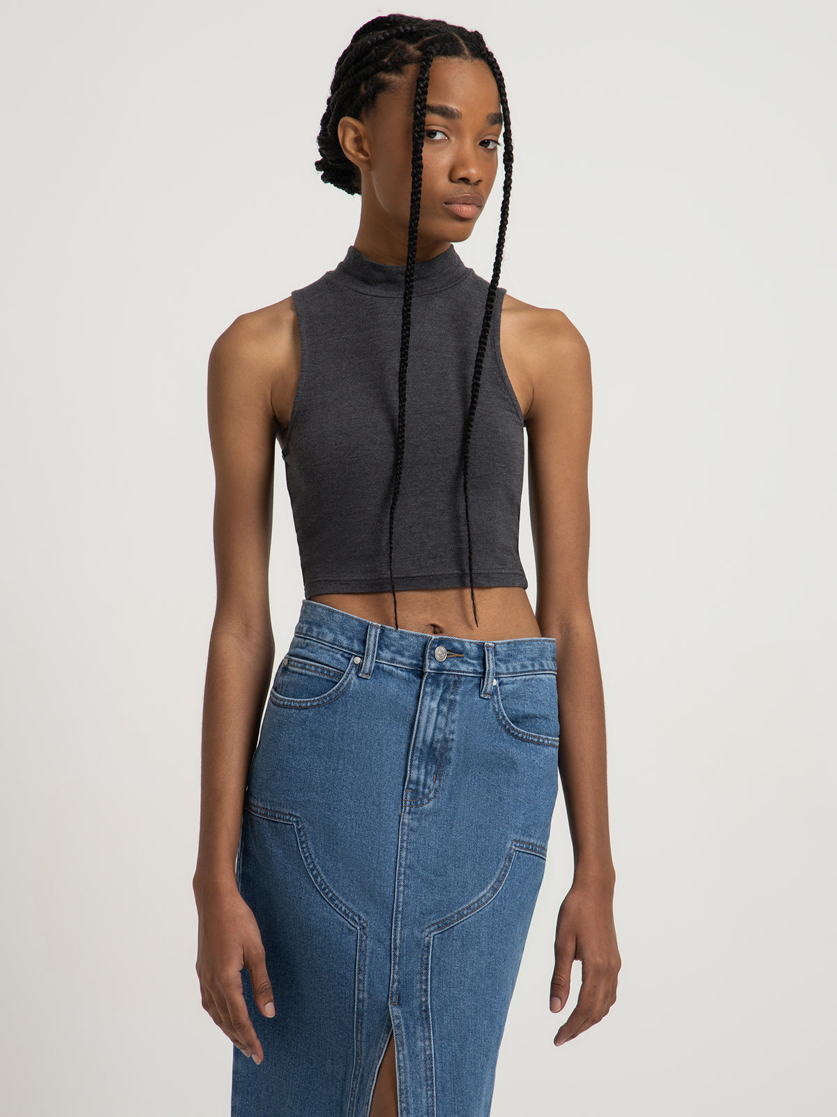 Beyond Her Ambroise High Neck Crop Top in Charcoal Marle | Charcoal Marle