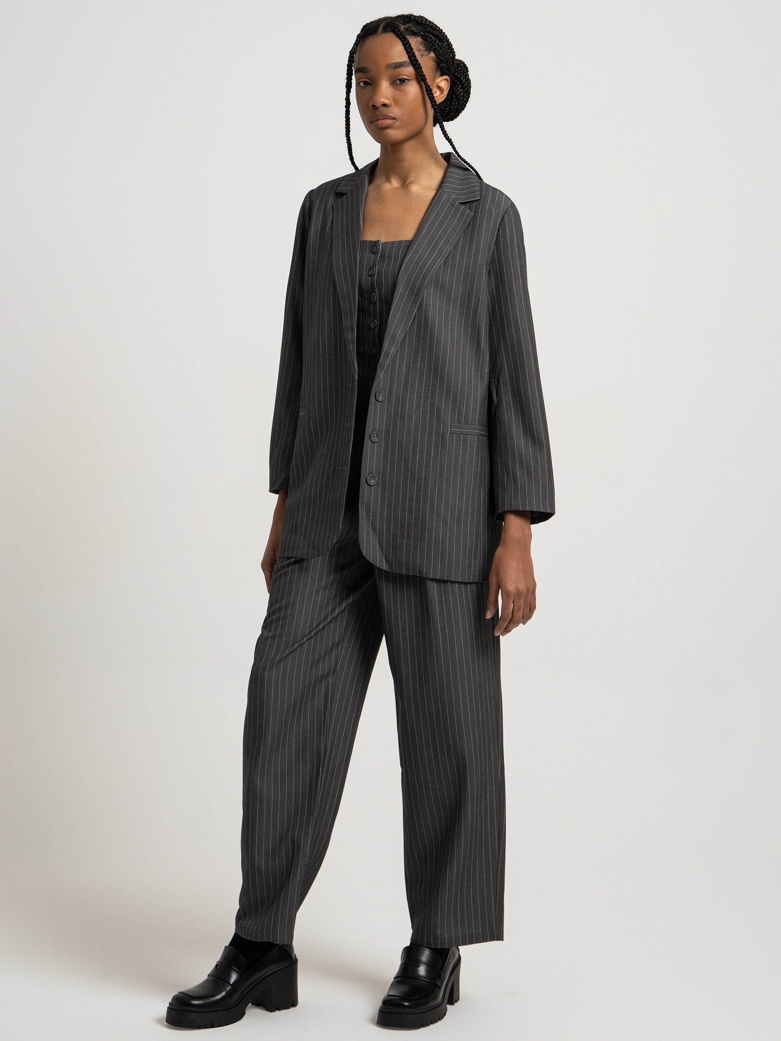 Skye Boyfriend Blazer in Grey Pinstripe