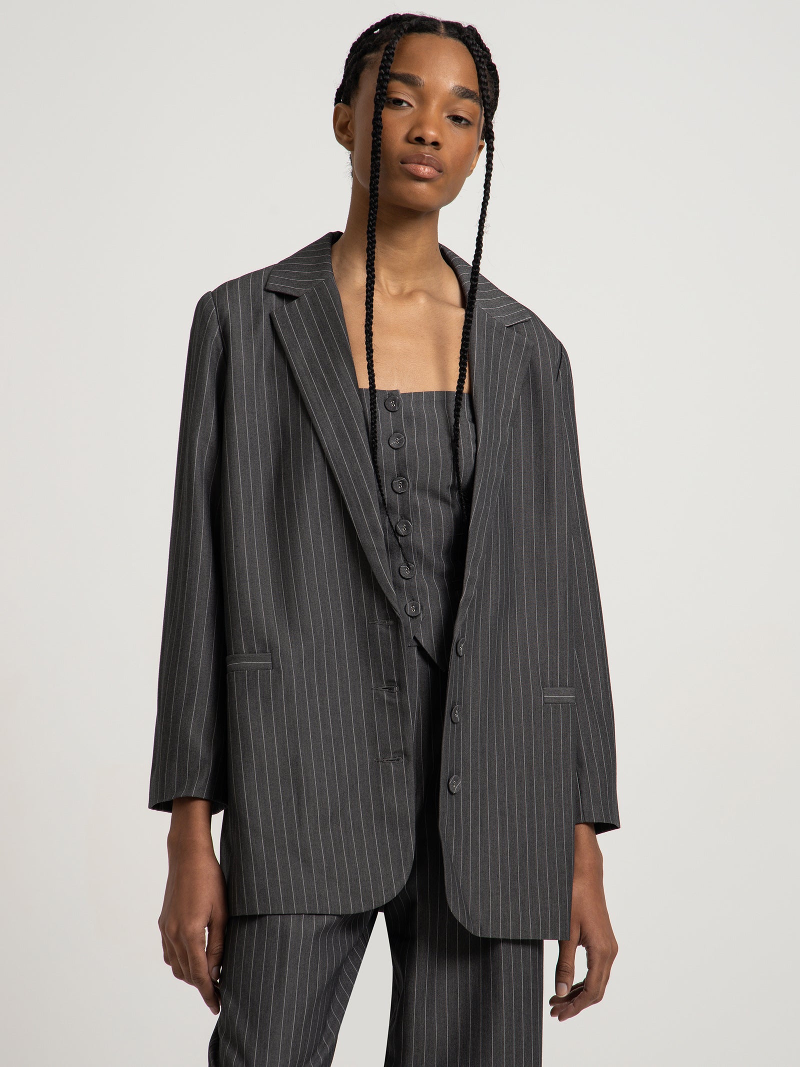 Skye Boyfriend Blazer in Grey Pinstripe