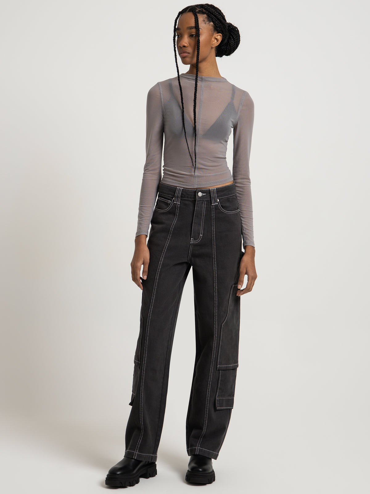 Beyond Her Delta Mid Rise Cargo Pants in Charcoal | Charcoal