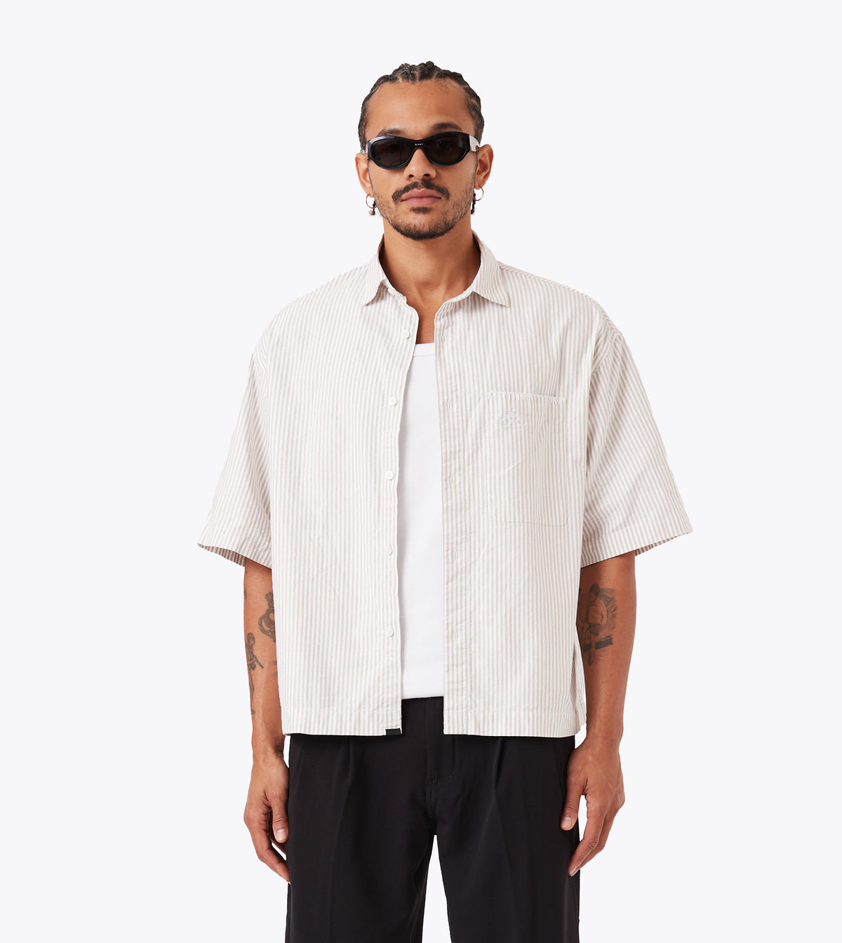 Zanerobe Box Crop Shirt | Beige Stripe