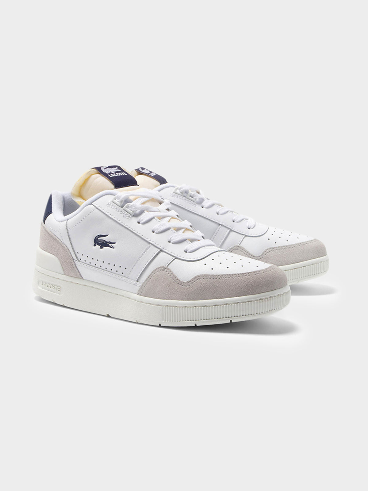 Lacoste Mens T-Clip Trim Sneakers in White & Navy | White/Navy