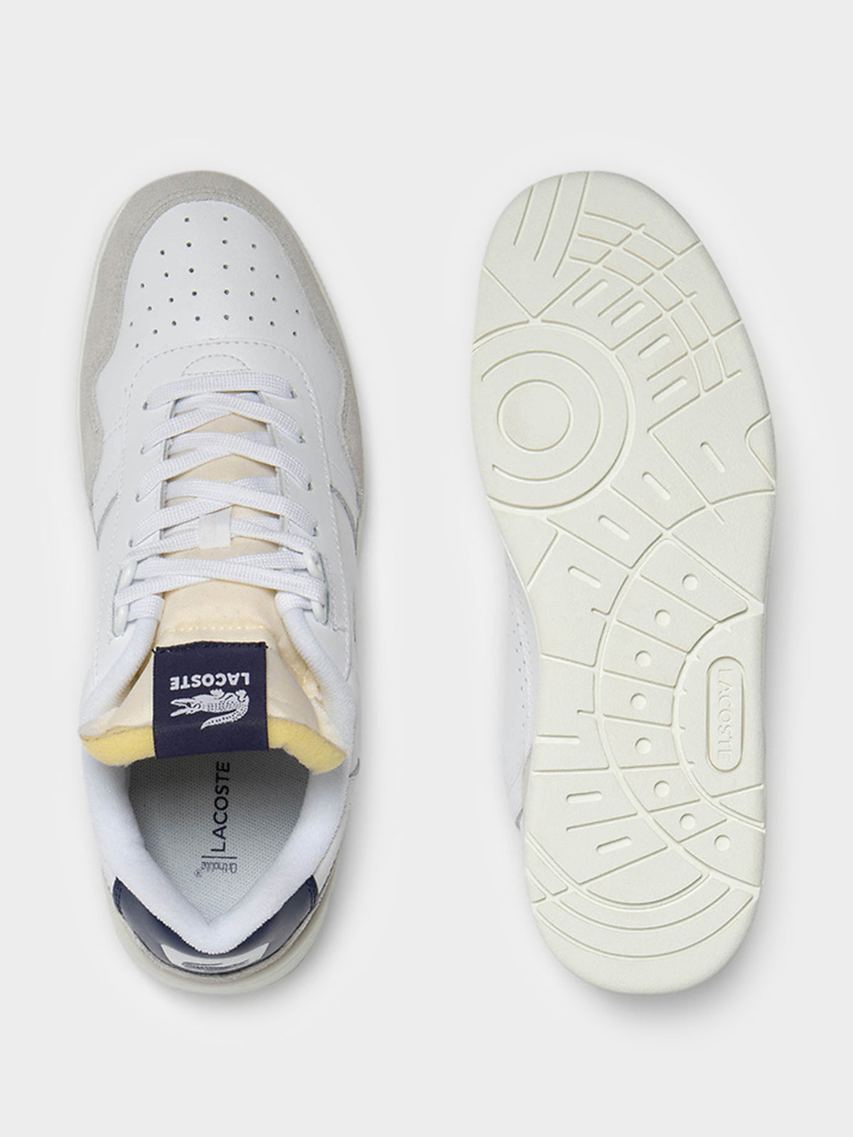 Lacoste Mens T-Clip Trim Sneakers in White & Navy | White/Navy