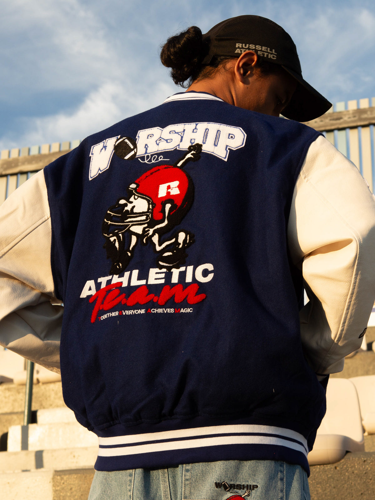 Worship Team Spirit Letterman Jacket in Levitation Blue | Blue