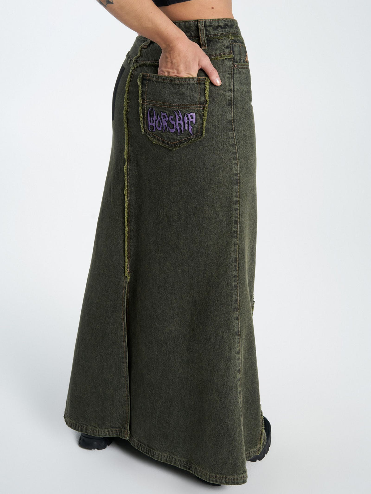 Worship Pond Scum Denim Maxi Skirt | Pond Green Overdye