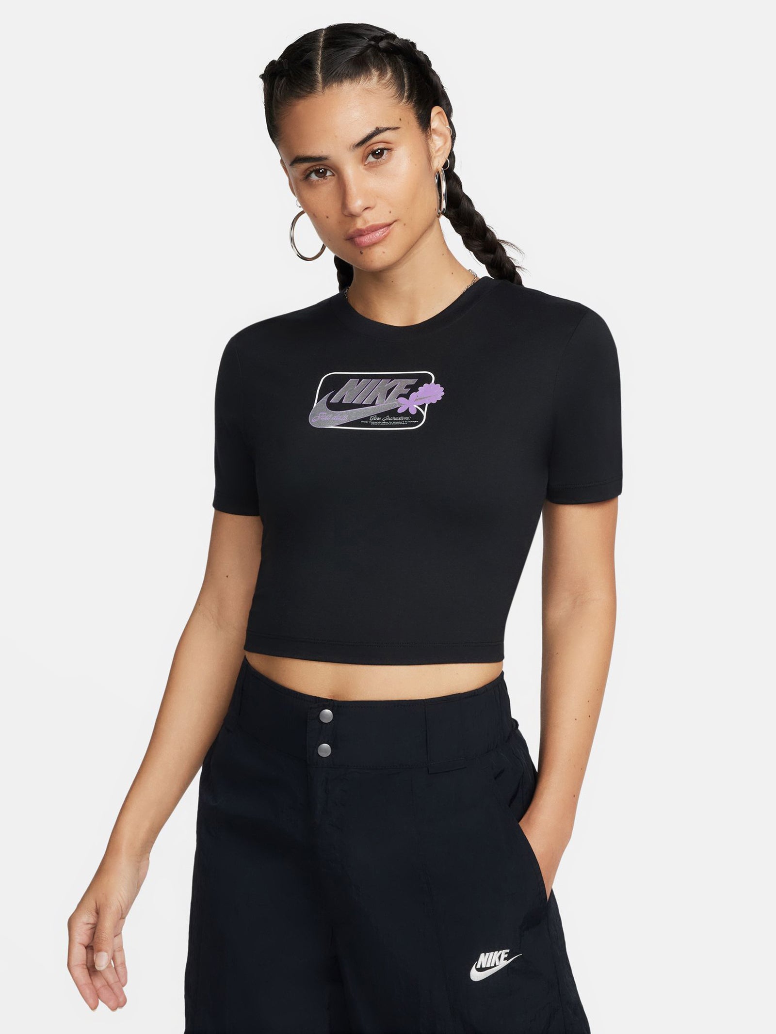 Nike Swoosh graphic slim crop t-shirt in black