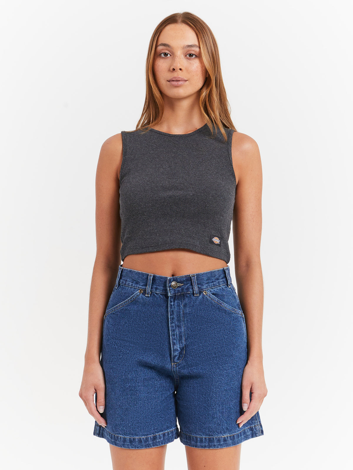 Dickies Essential Rib Crop Tank in Black Marle | Black Marle