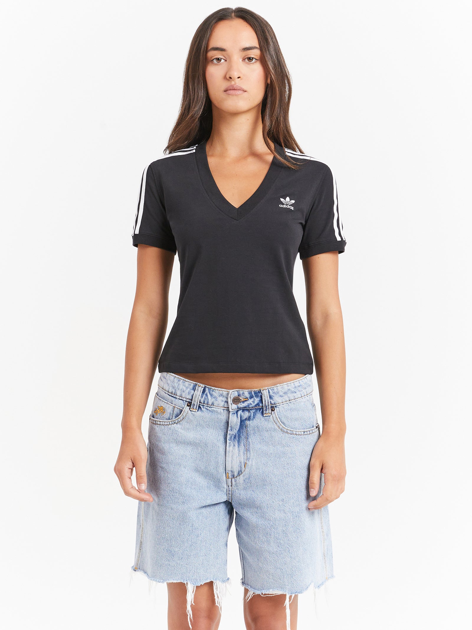 Three Stripe V-Neck T-Shirt in Black