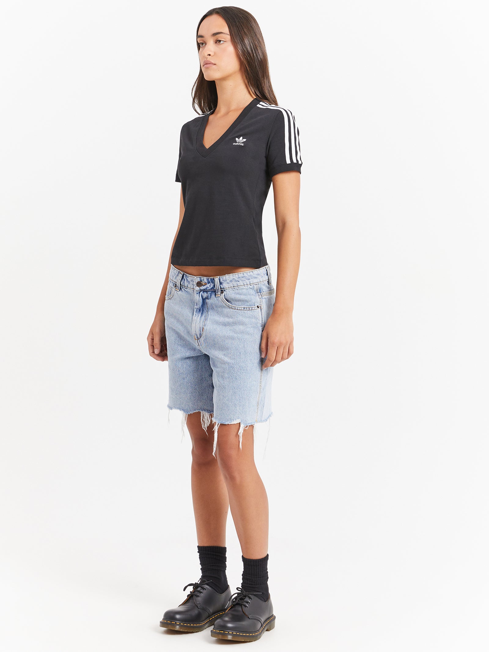 Three Stripe V-Neck T-Shirt in Black