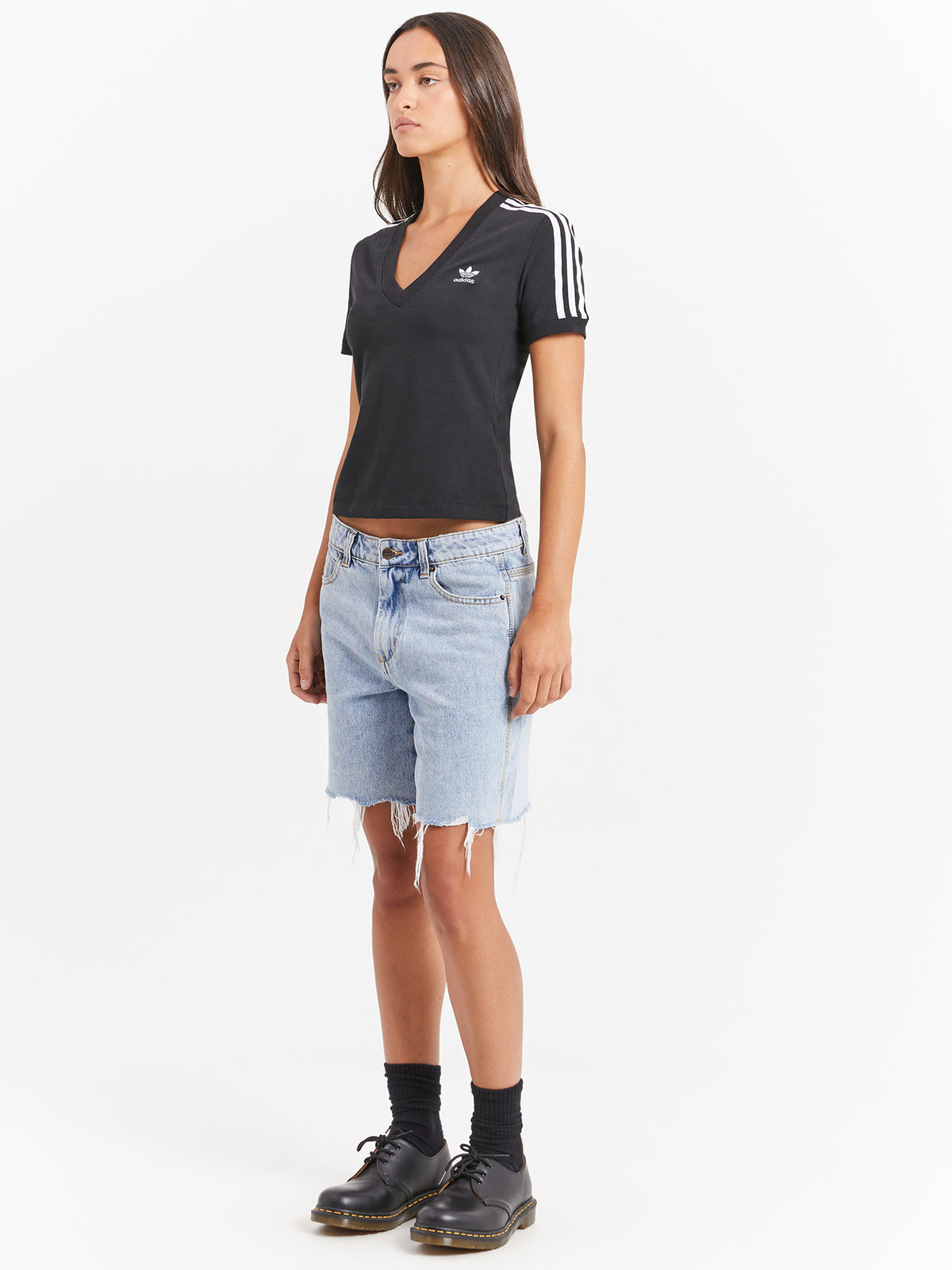 Adidas Three Stripe V-Neck T-Shirt in Black | Black