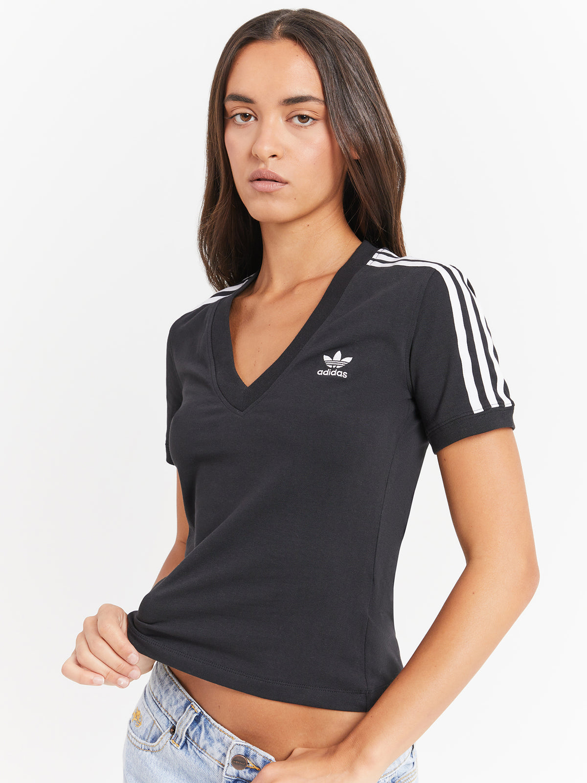 Adidas Three Stripe V-Neck T-Shirt in Black | Black