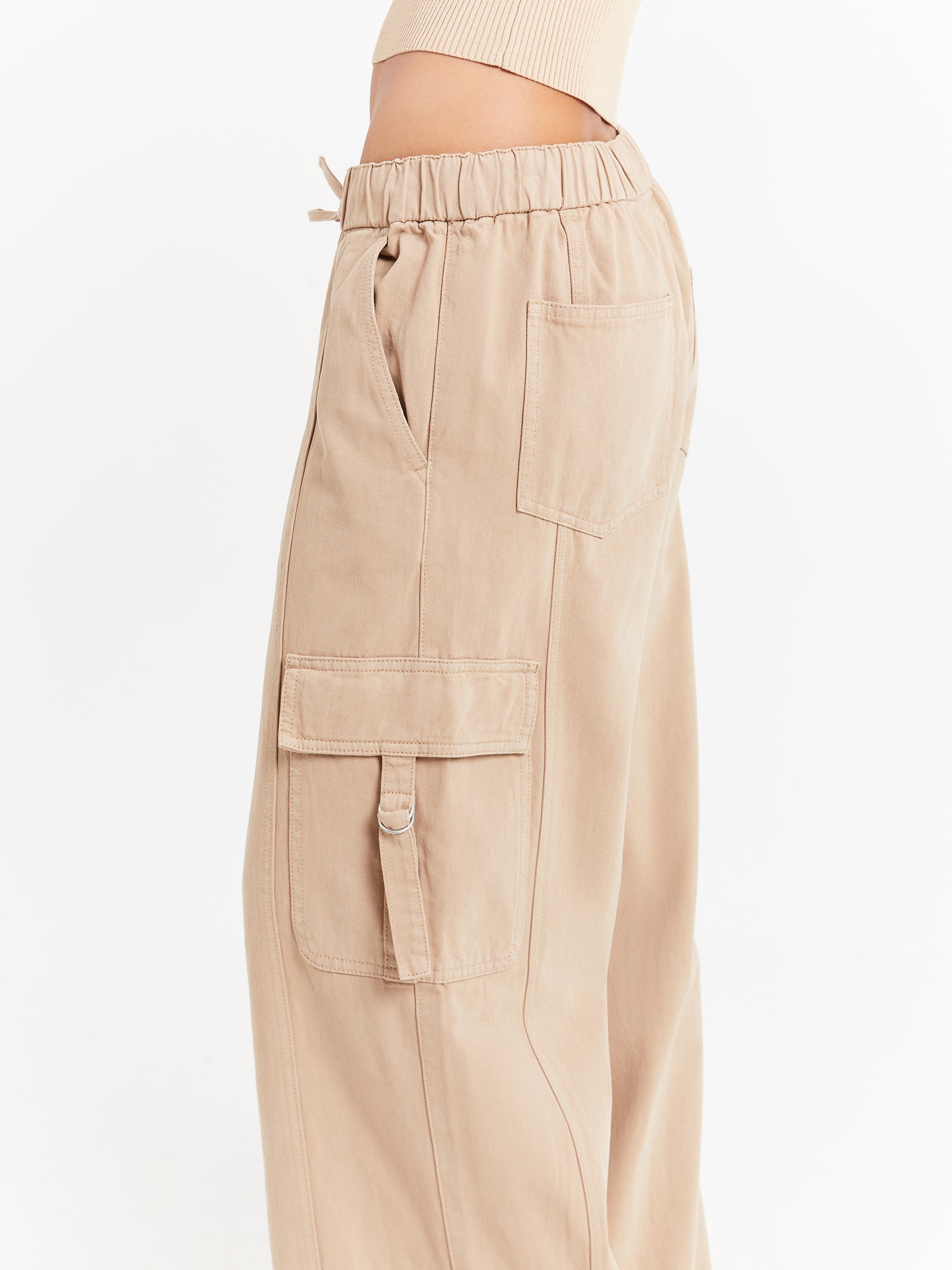 ELASTIC WAIST WIDE LEG PANTS - Mid-camel