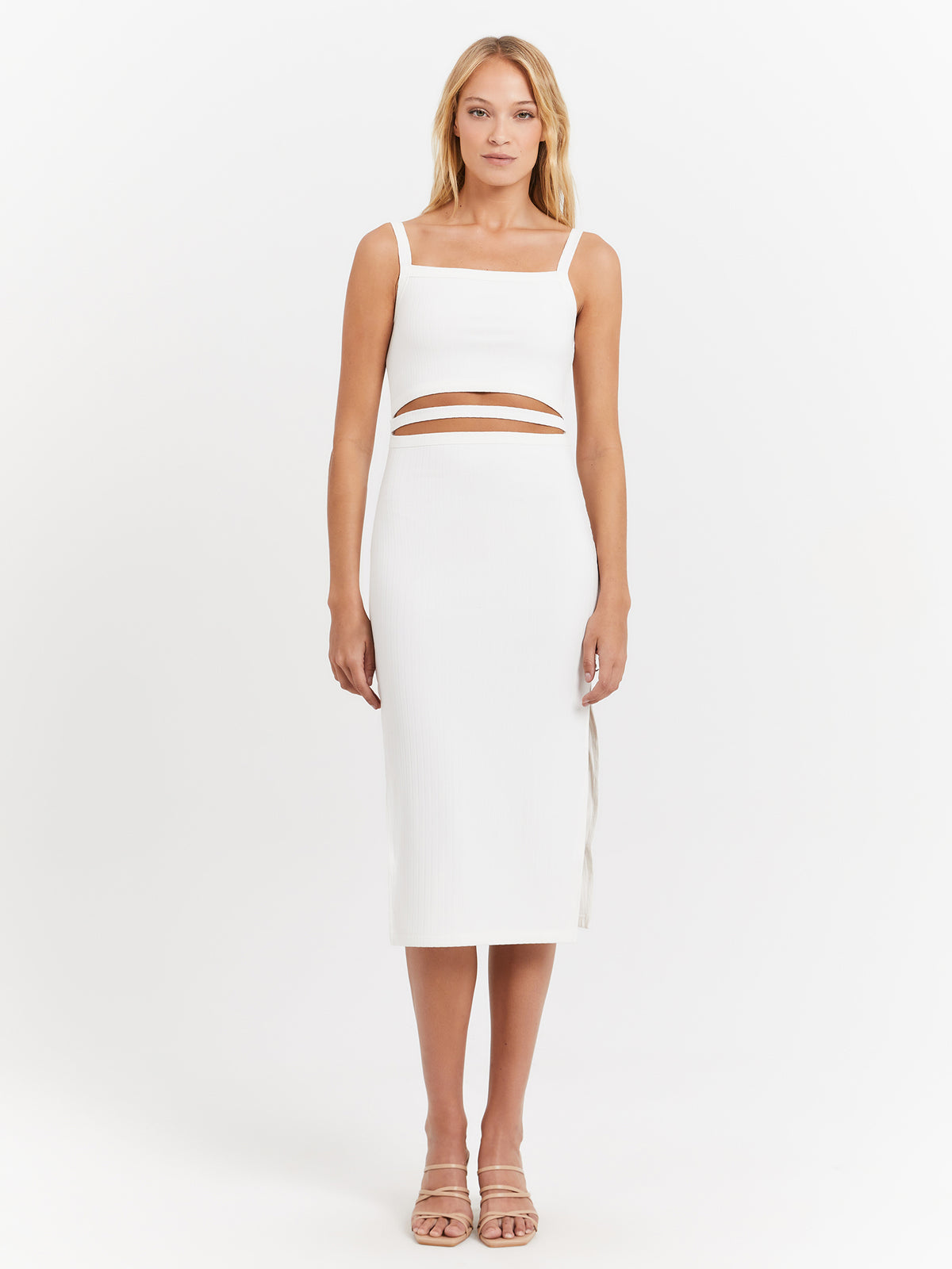 MSE Maddox Rib Midi Dress in White | White