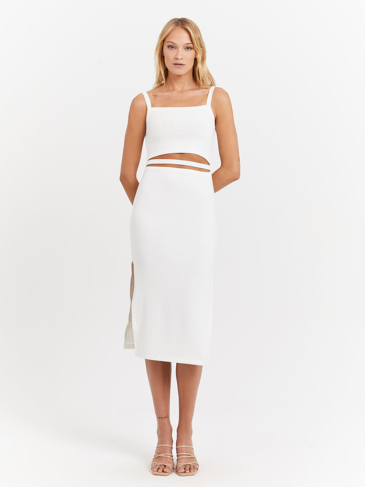 MSE Maddox Rib Midi Dress in White | White