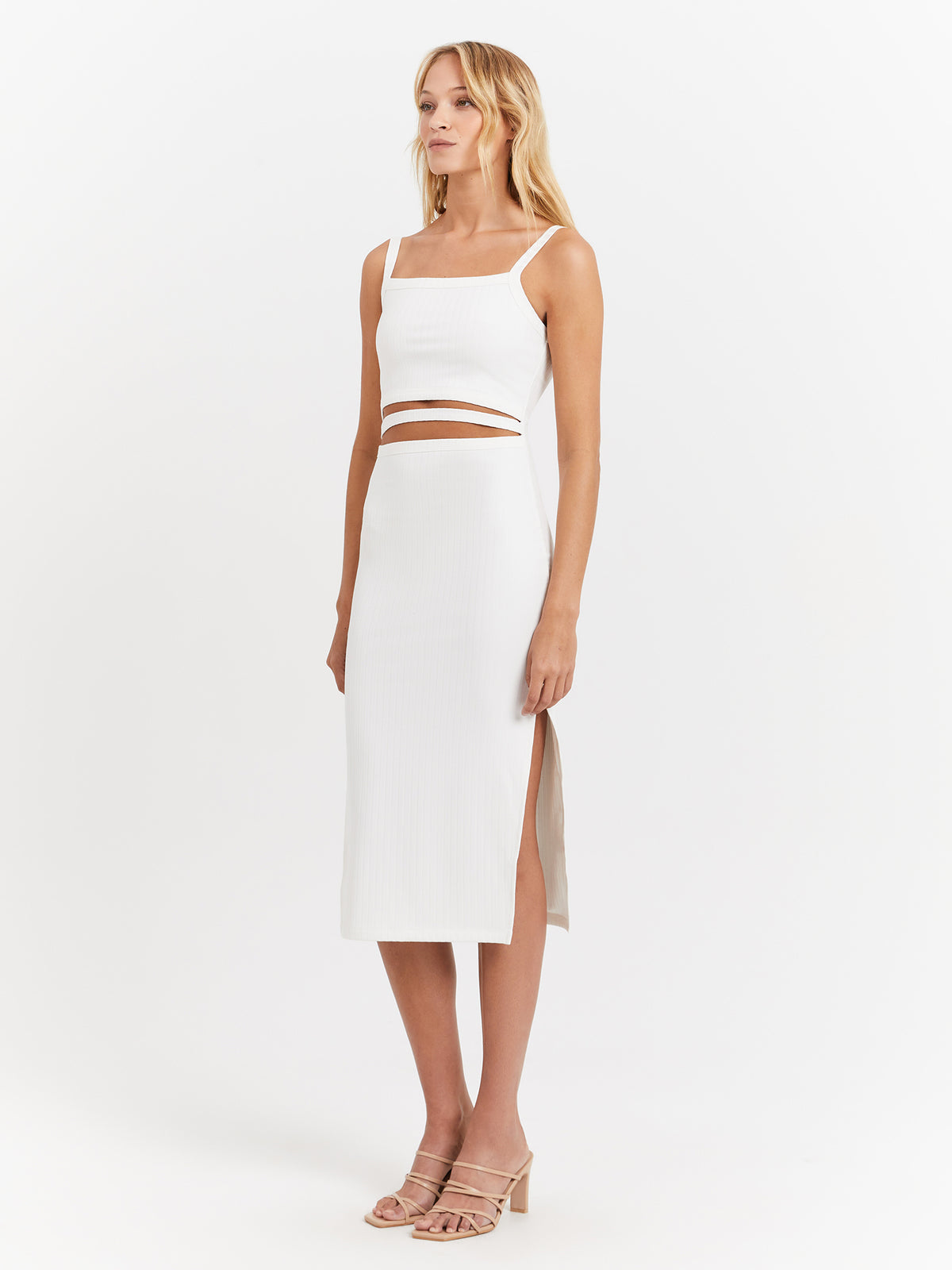 MSE Maddox Rib Midi Dress in White | White