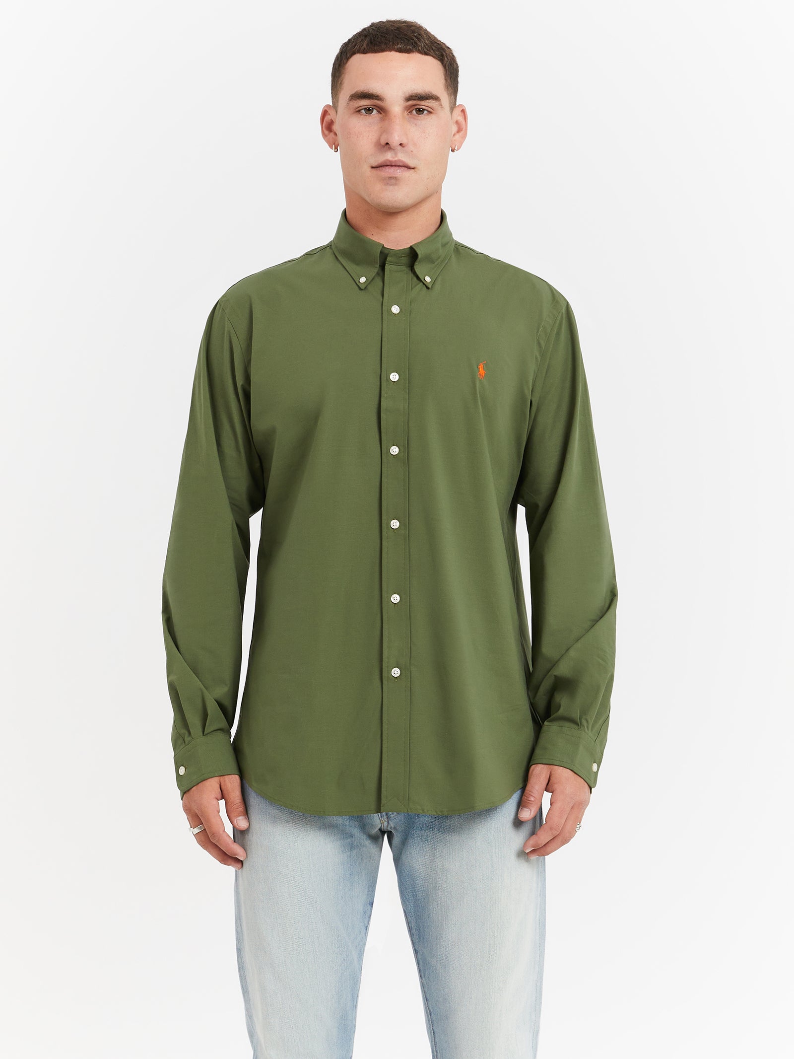 Custom Fit Long Sleeve Poplin Shirt in Supply Olive