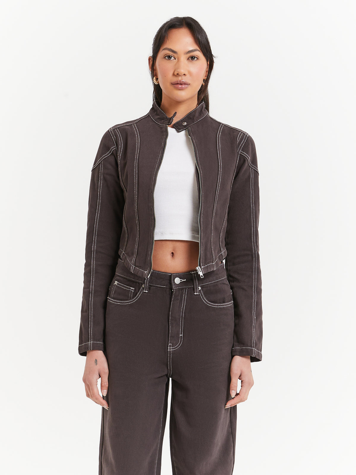 Beyond Her Bonita Panelled Denim Jacket in Coal | Coal