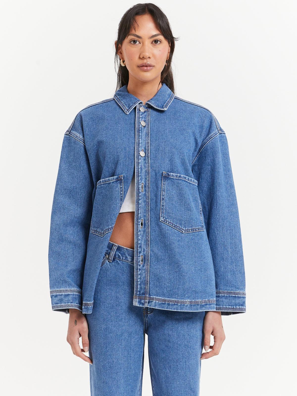 Beyond Her Lima Denim Shacket in River Blue | River