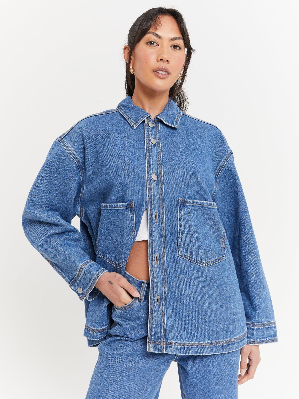 Beyond Her Lima Denim Shacket in River Blue | River