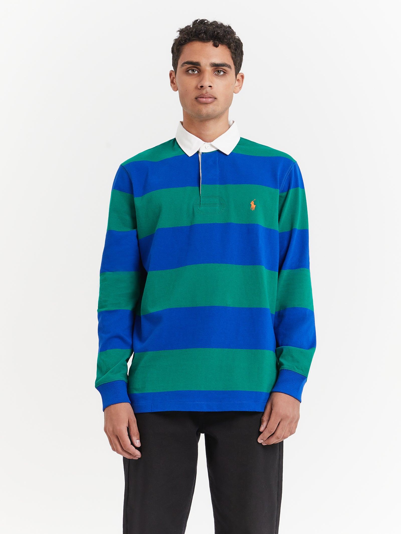 Long Sleeve Rugby Polo in Sapphire Blue & Primary Green Stripe - Glue Store