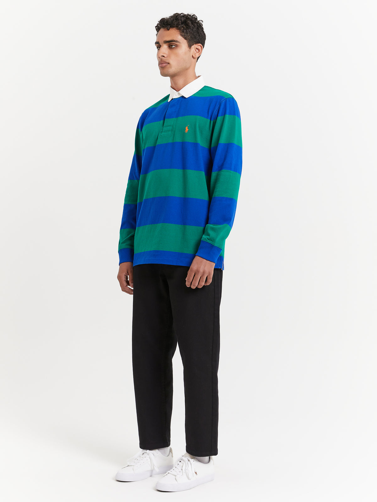 Polo Ralph Lauren Long Sleeve Rugby Polo in Sapphire Blue & Primary Green Stripe | Sapphire