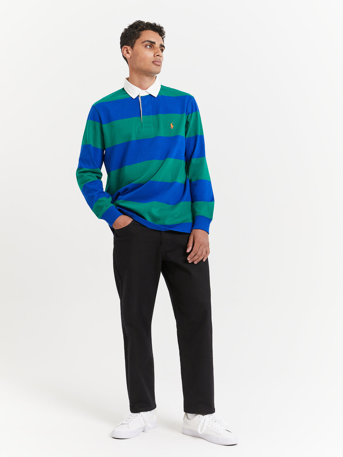 Polo Ralph Lauren Long Sleeve Rugby Polo in Sapphire Blue & Primary Green Stripe | Sapphire