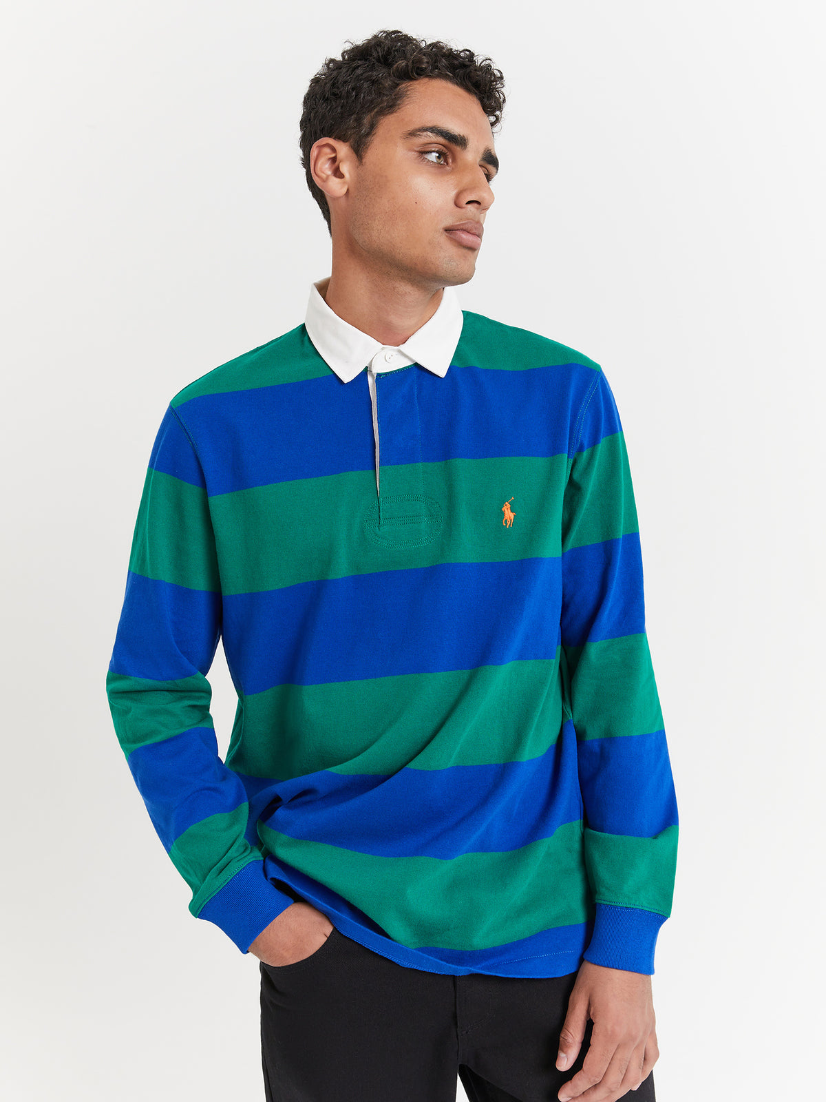 Polo Ralph Lauren Long Sleeve Rugby Polo in Sapphire Blue & Primary Green Stripe | Sapphire