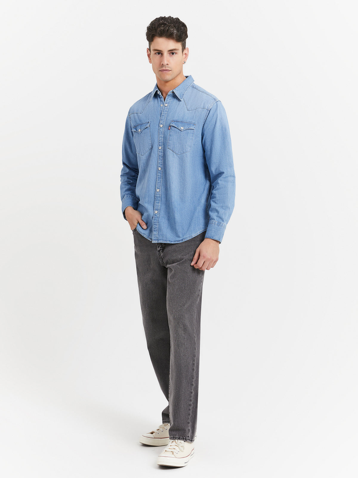 Levis Barstow Western Denim Shirt in Red Cast Stone Light Wash | Denim