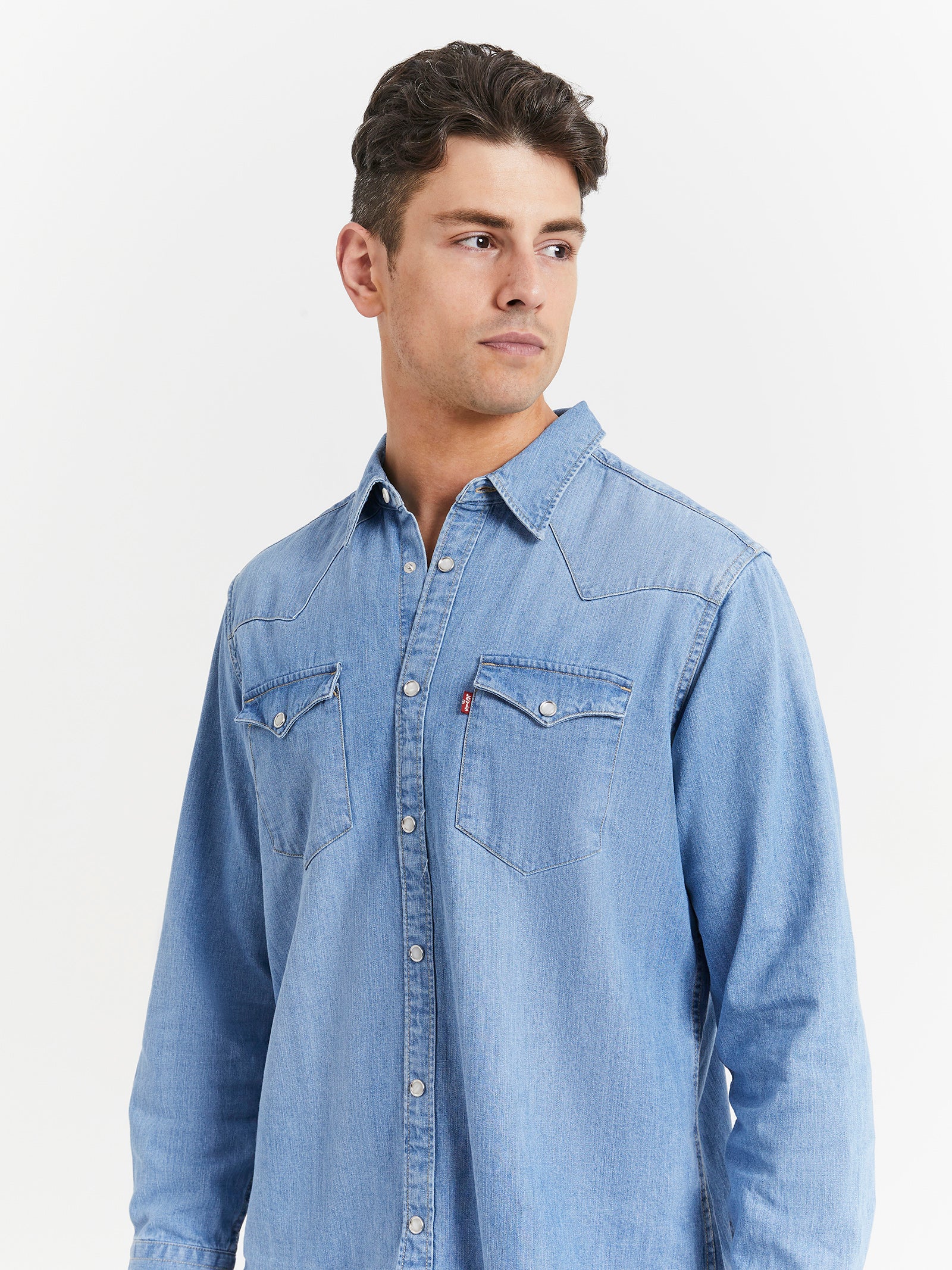 Barstow Western Denim Shirt in Red Cast Stone Light Wash - Glue Store