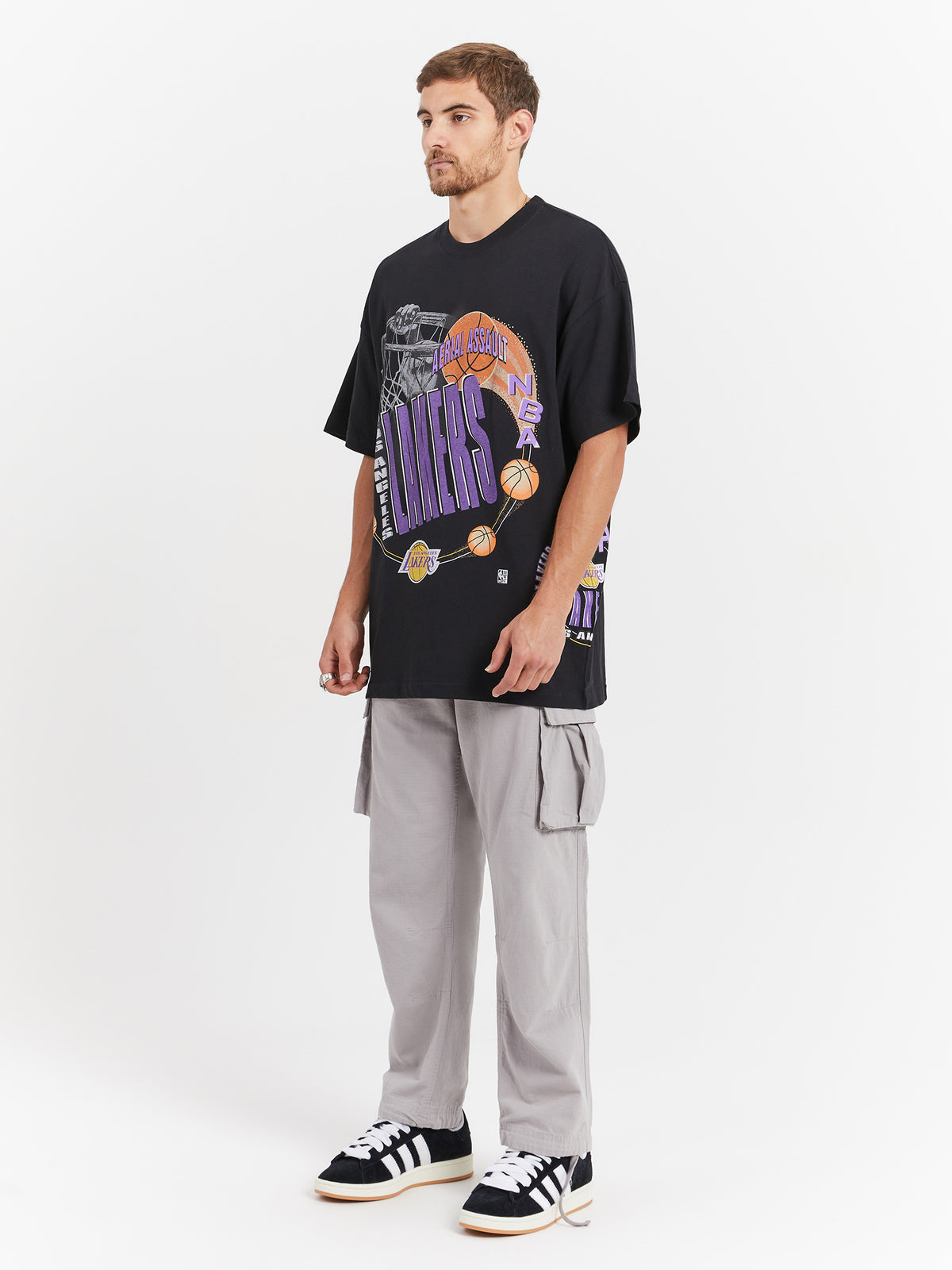 Mitchell & Ness Los Angeles Lakers Aerial Assault T-Shirt in Faded Black | Faded Blac