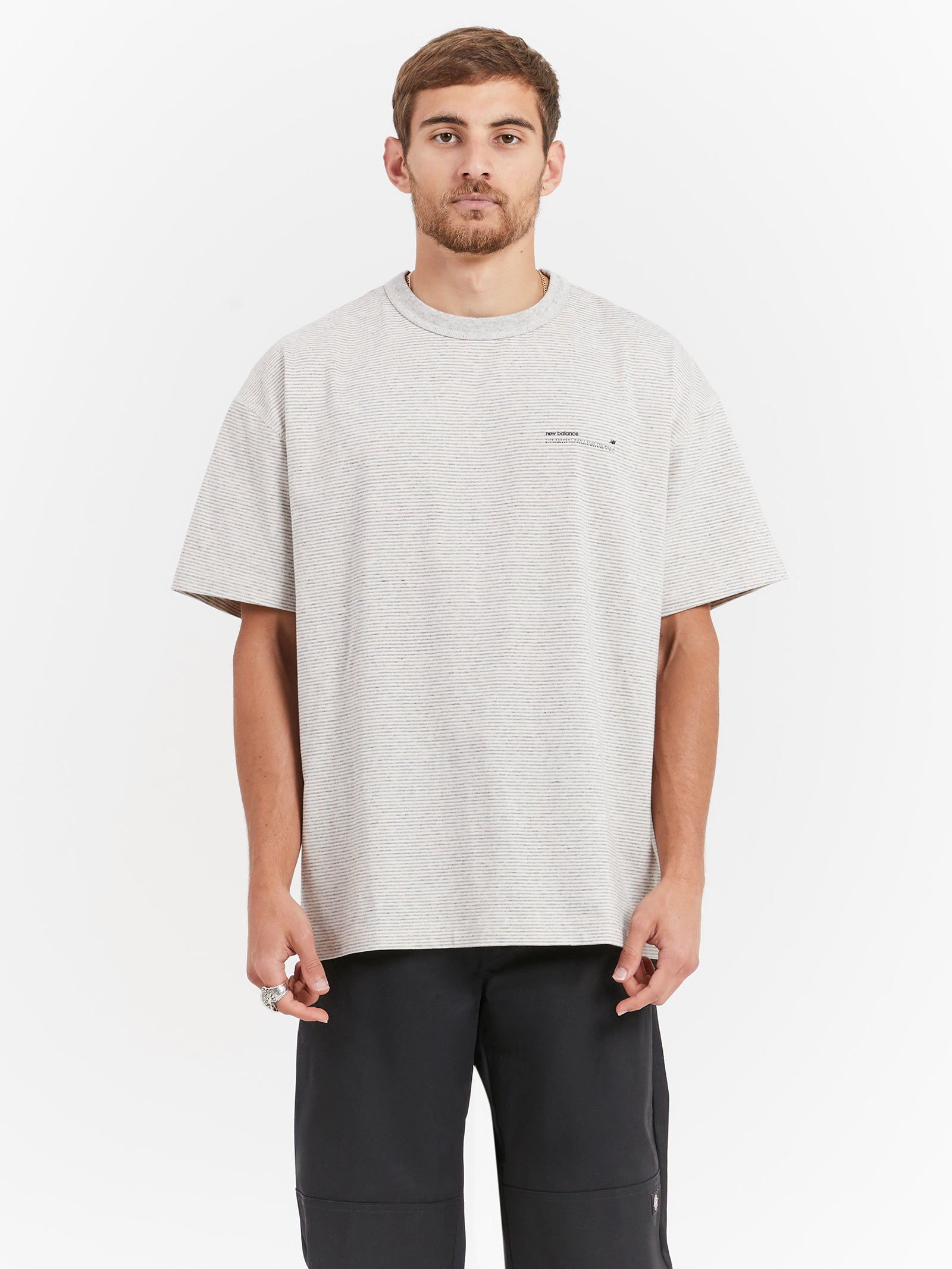 New balance NB Athletics Undyed T-Shirt in Striped Griege | Glue Store