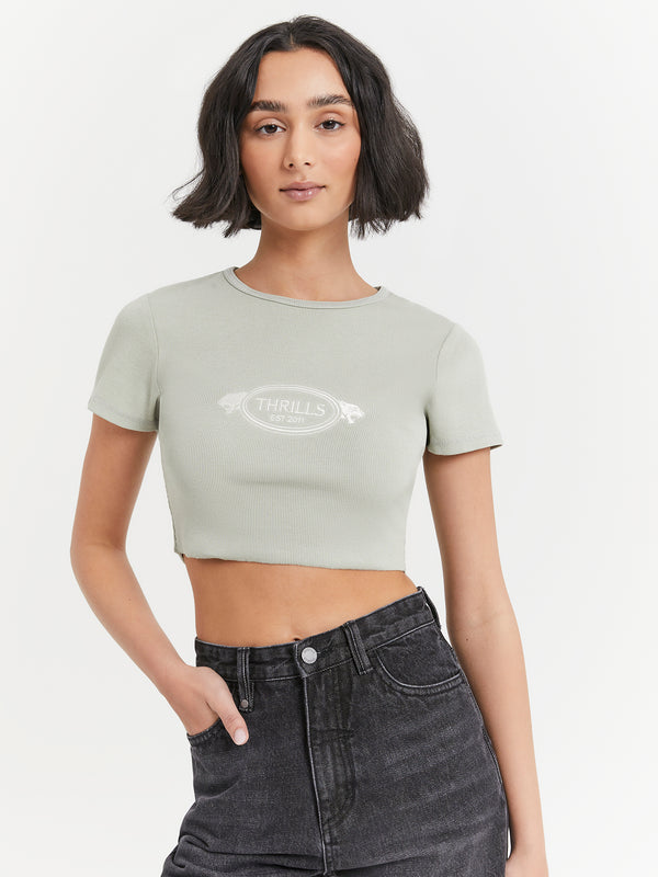 Thrills From The Beginning Baby Crop T-Shirt in Sage Grey | Glue Store