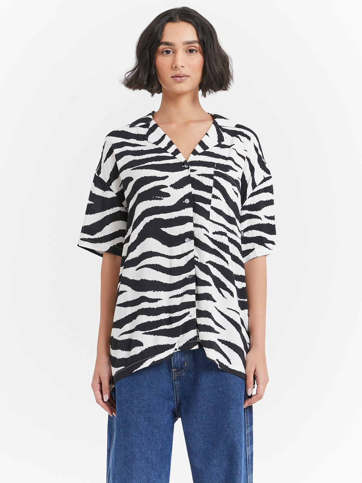 Stussy Zebra Oversized Shirt in White & Black | White/Black