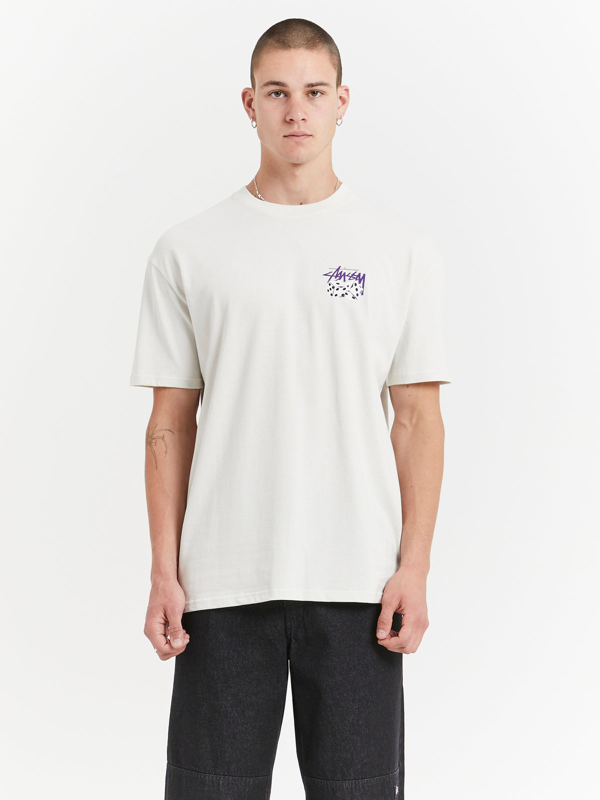 Stussy Pair Of Dice Solid Heavyweight T-Shirt in White & Purple | White