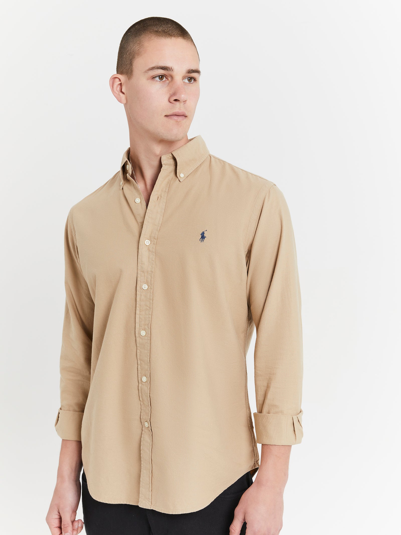 Long Sleeve Button Up Oxford Shirt in Surrey Tan