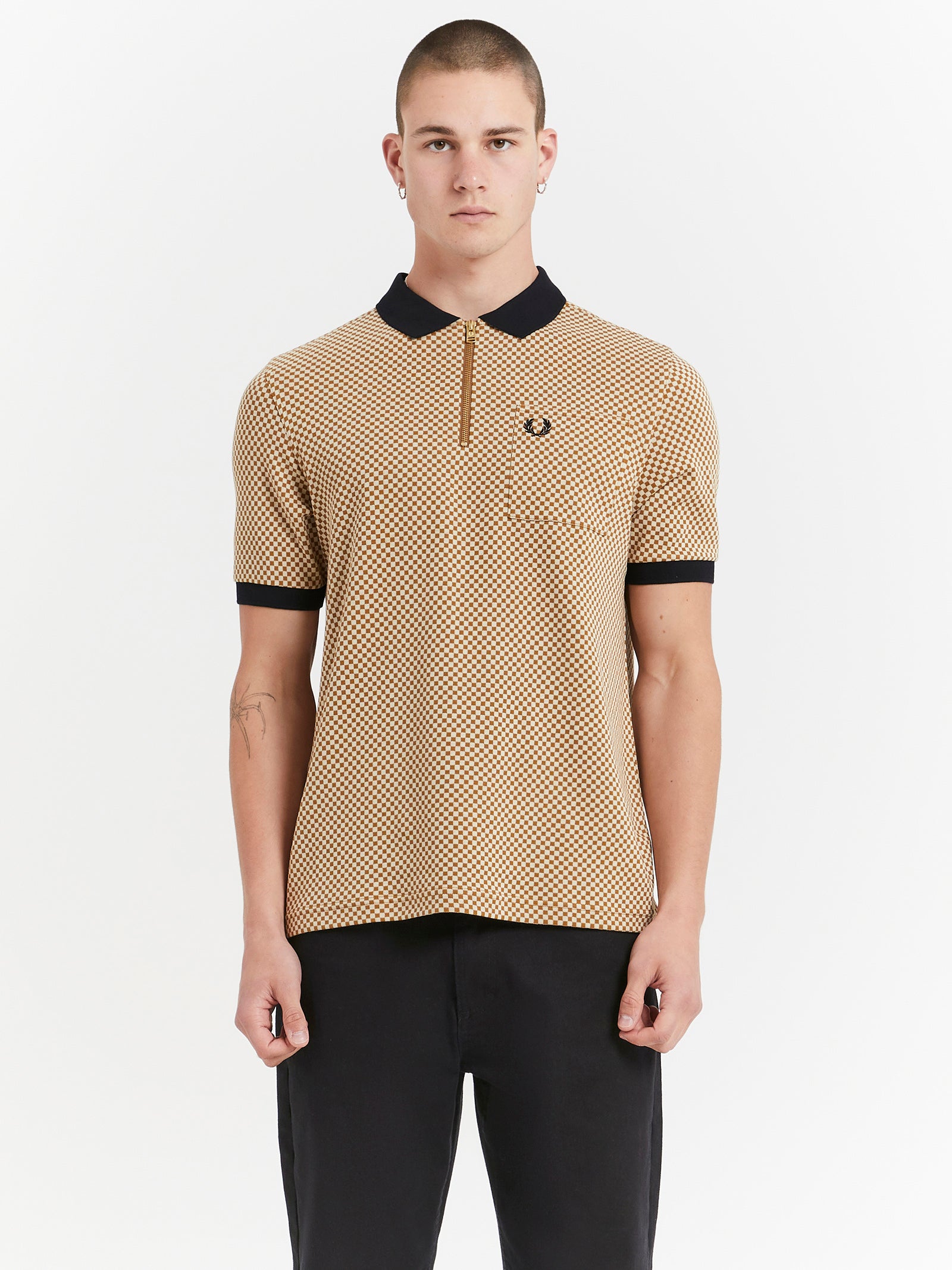 Fred perry Micro Chequerboard Polo Shirt in Dark Caramel | Glue Store