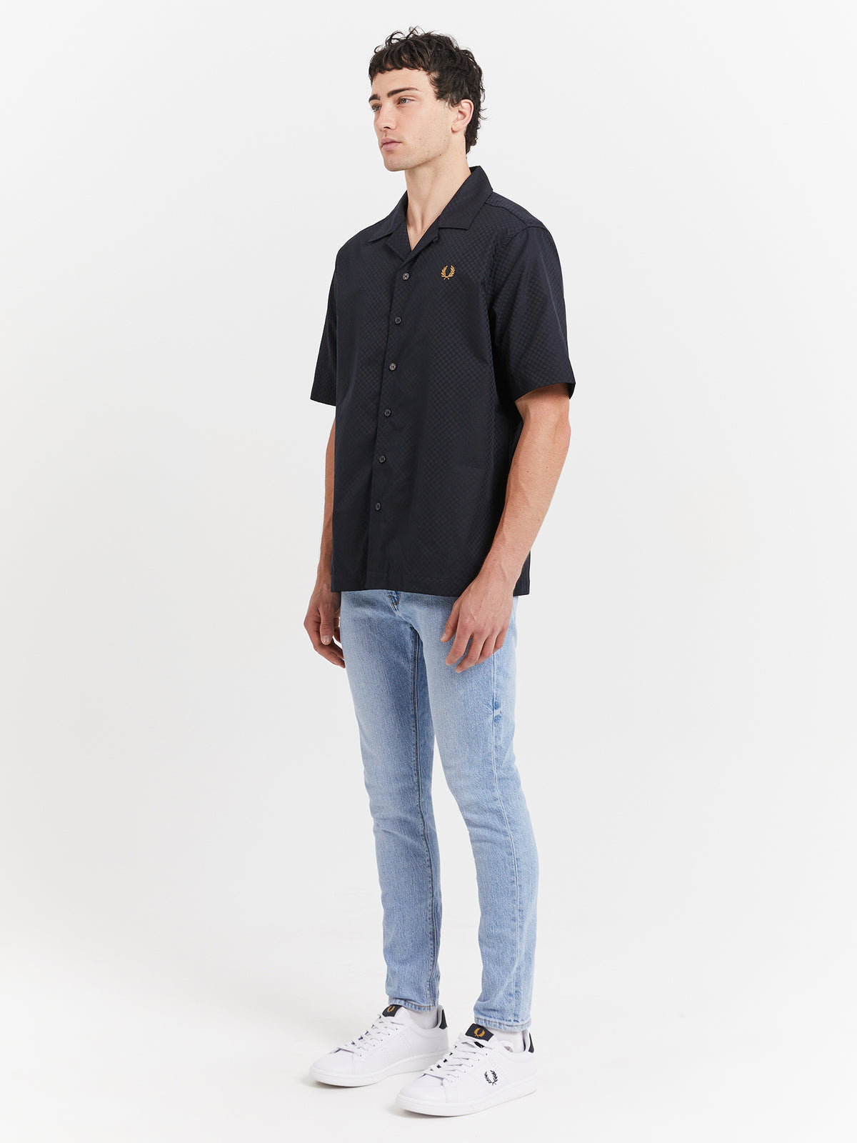 Fred Perry Chequerboard Revere Collar Shirt in Black | Black