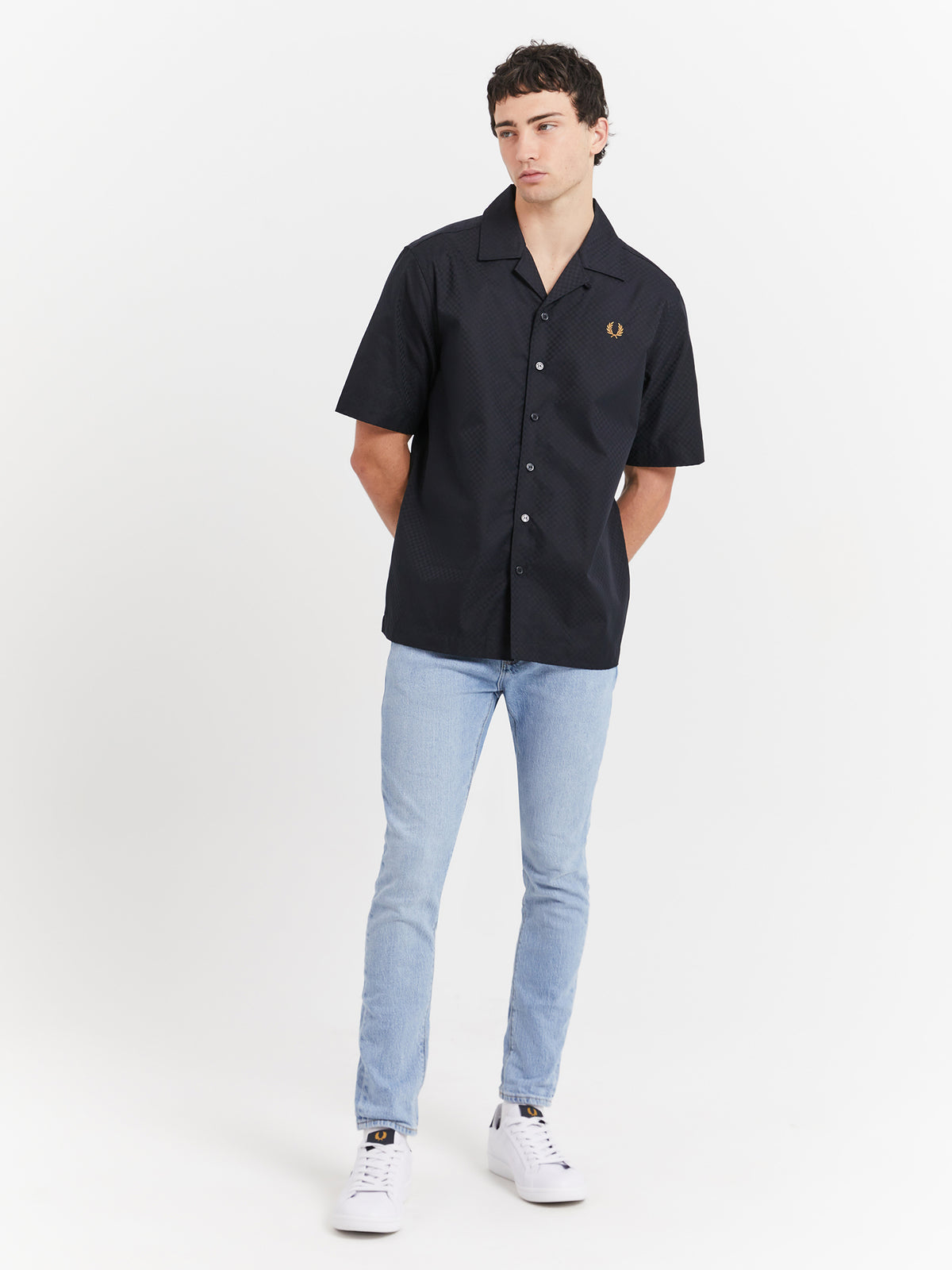 Fred Perry Chequerboard Revere Collar Shirt in Black | Black