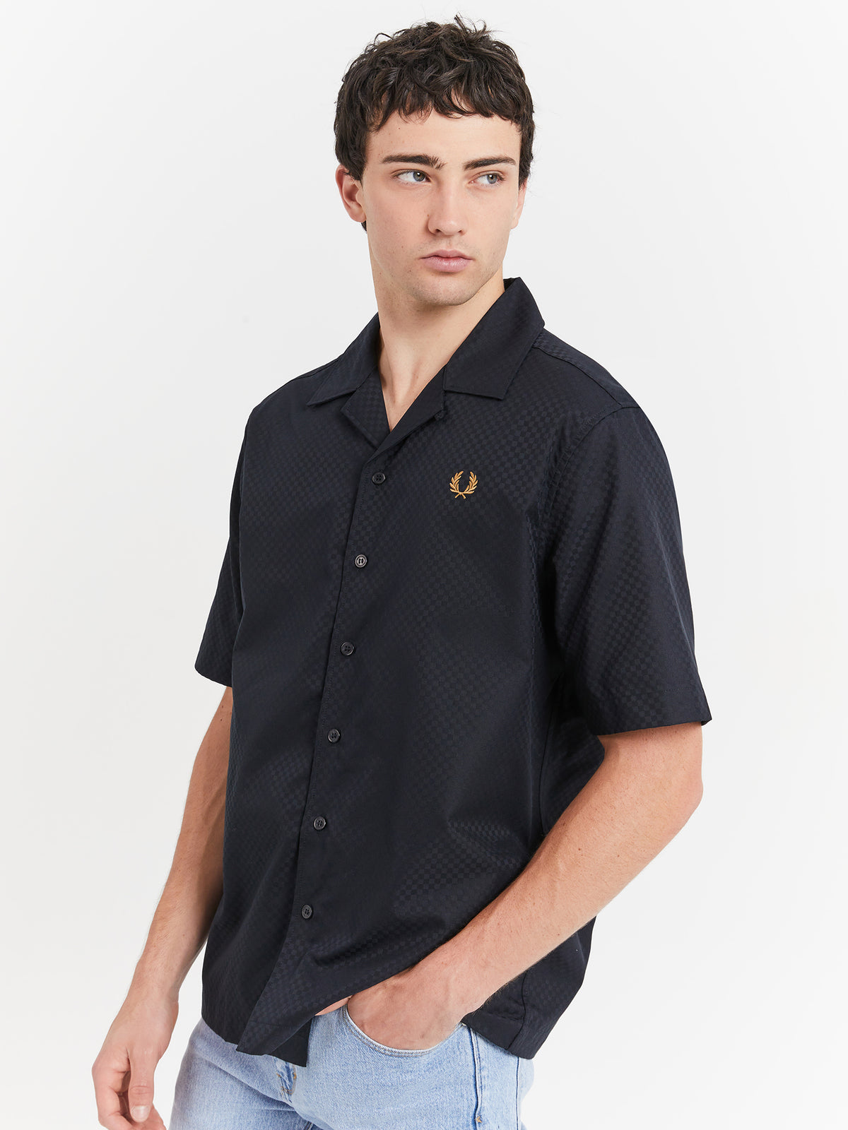 Fred Perry Chequerboard Revere Collar Shirt in Black | Black