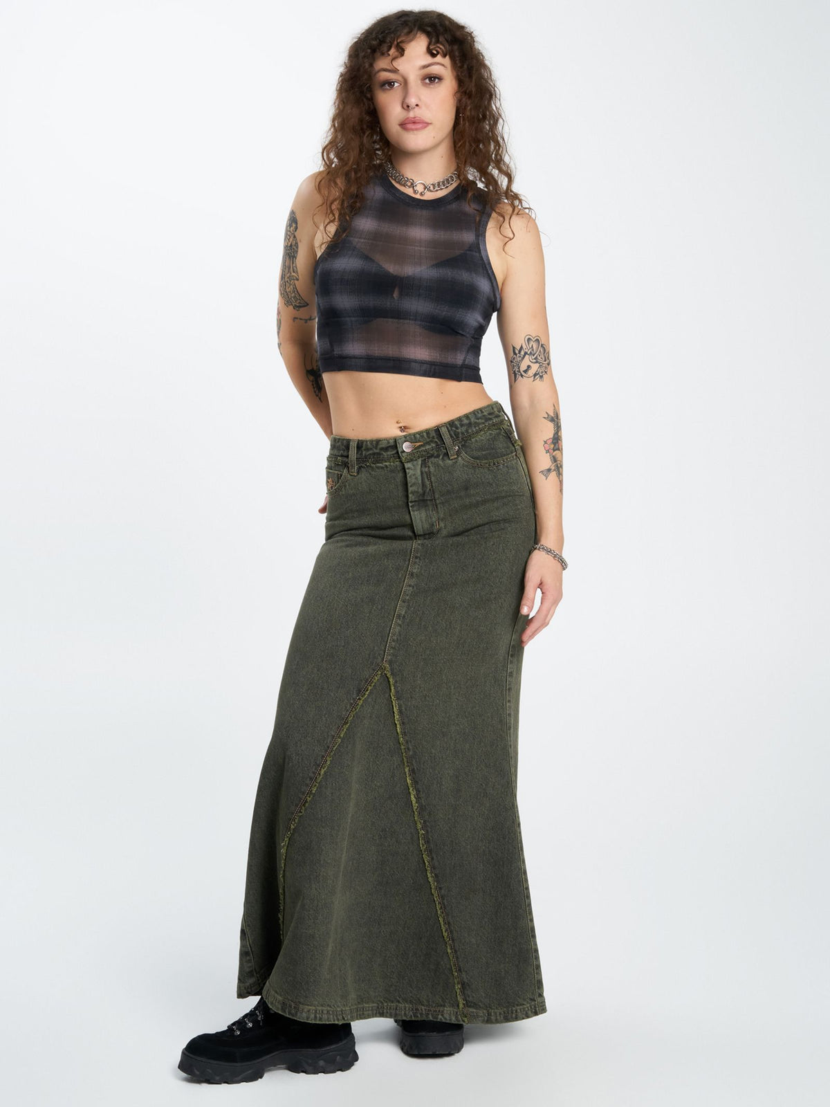 Worship Pond Scum Denim Maxi Skirt | Pond Green Overdye