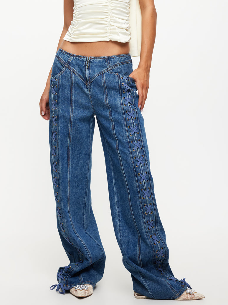 Lioness Daydream Tie Up Jeans in Blue Denim | Blue Denim