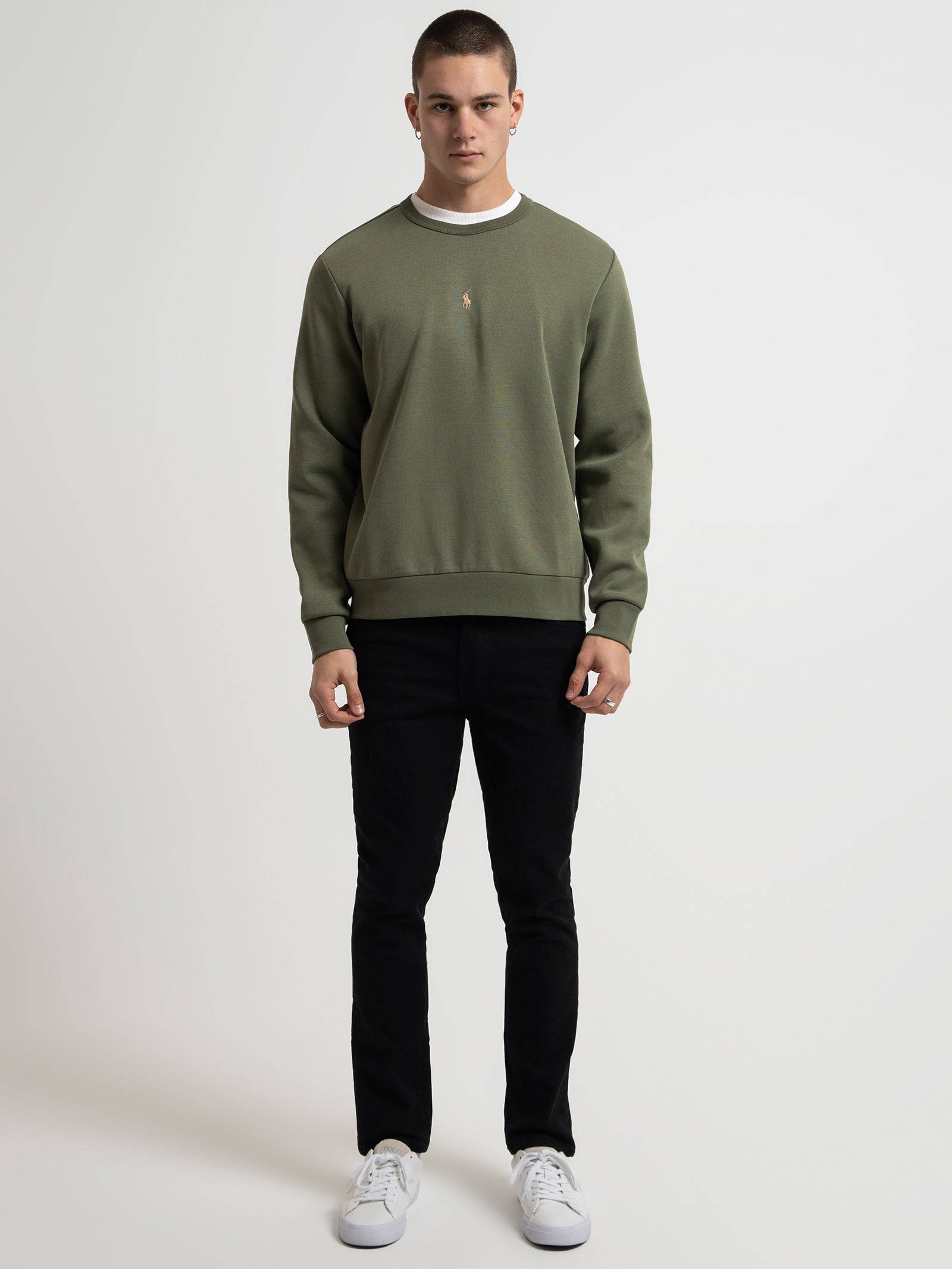 Centre Logo Crew Sweater in Olive Green