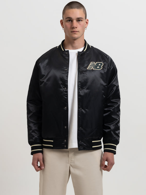 å Athletics Varsity Satin Bomber Jacket in Black Black | Glue Store