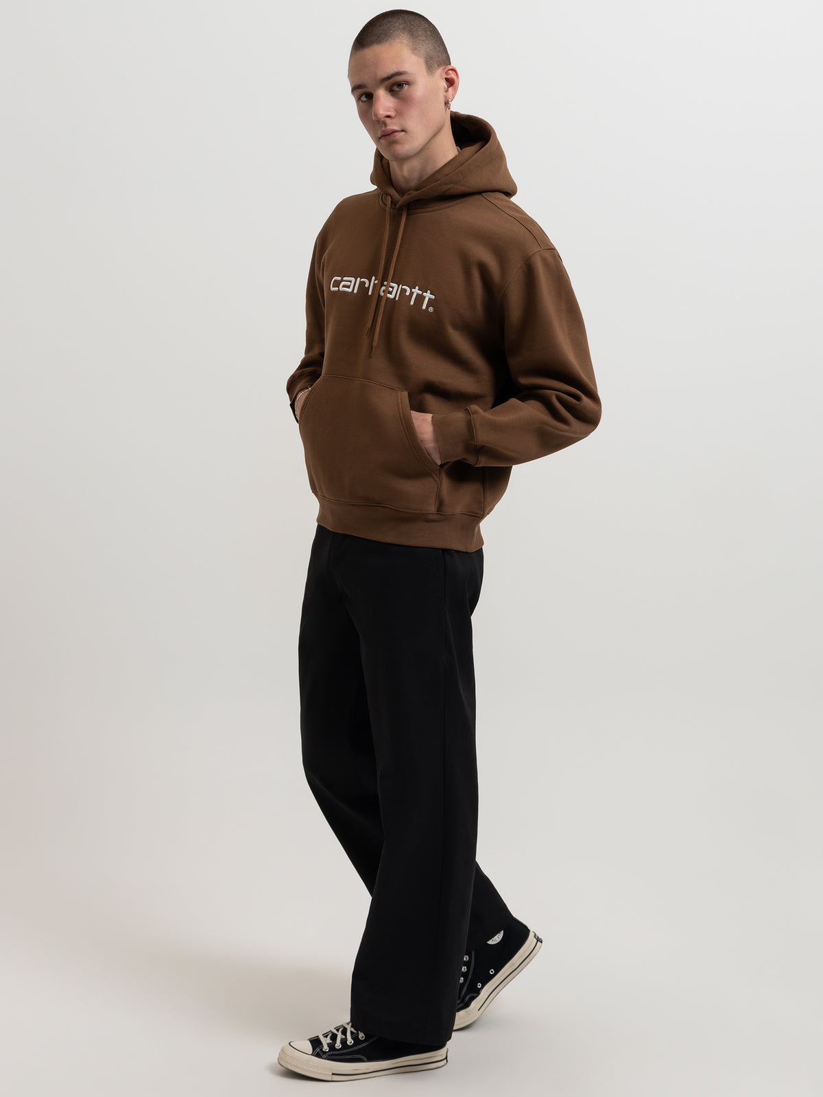 Carhartt Wip Hooded Carhartt Sweatshirt in Tamarind & White | Tamarind/W