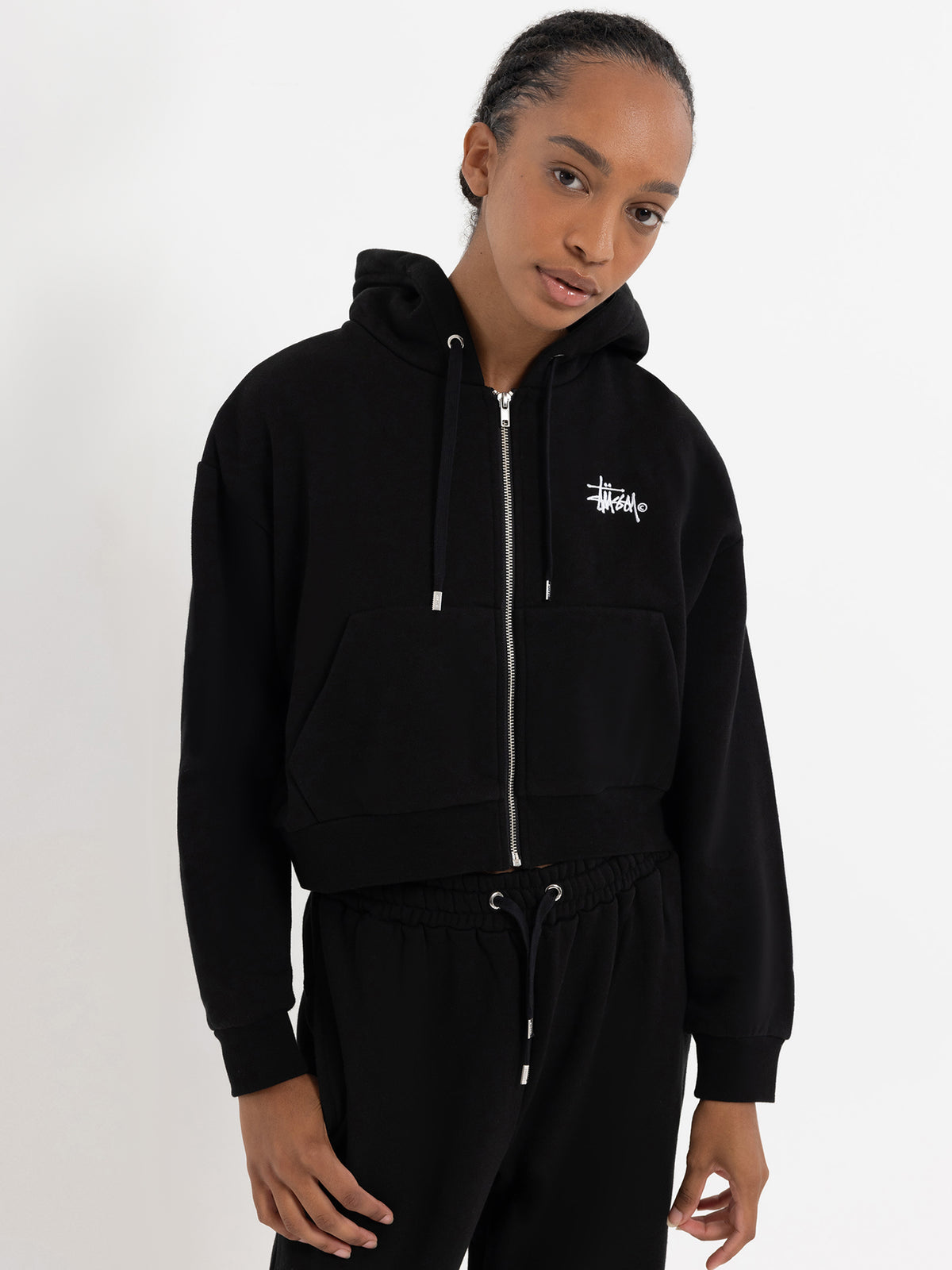 Stussy Graffiti Cropped Zip Thru Hood | Black