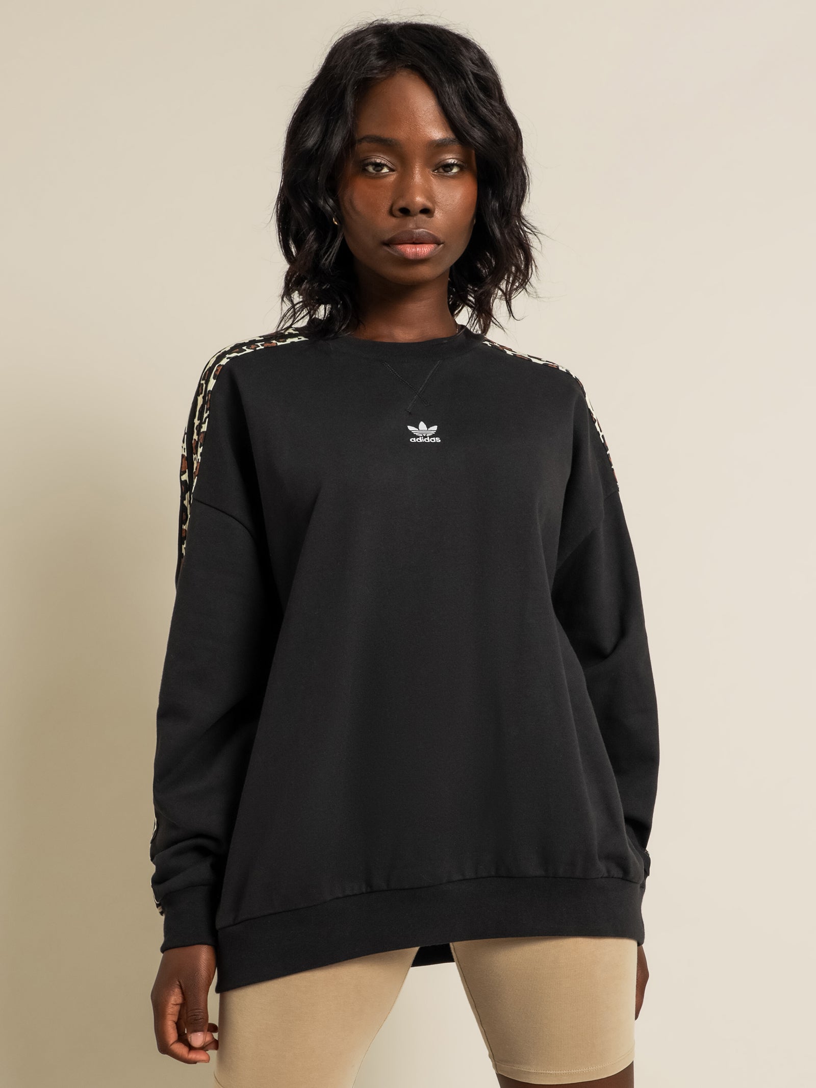 Adidas Crew Sweatshirt in Black & Leopard Print Black | Glue Store